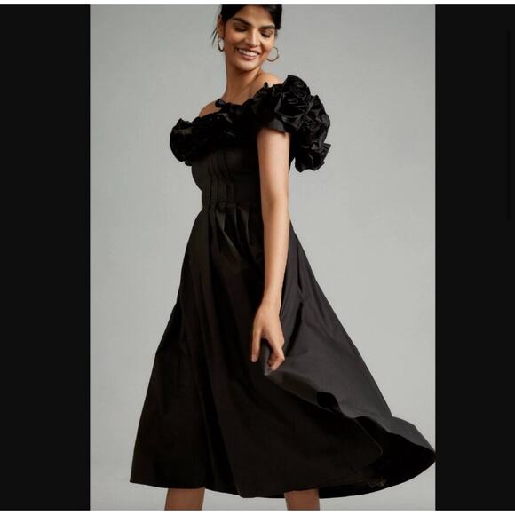 Maeve Ruffled Neckline Off Shoulder Pleated Corina Midi Dress Anthropologie - Picture 4 of 9